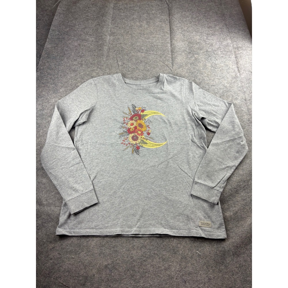 Life is Good Womens L Crusher Long Sleeve Tee Gray Floral Moon Graphic Shirt SEE